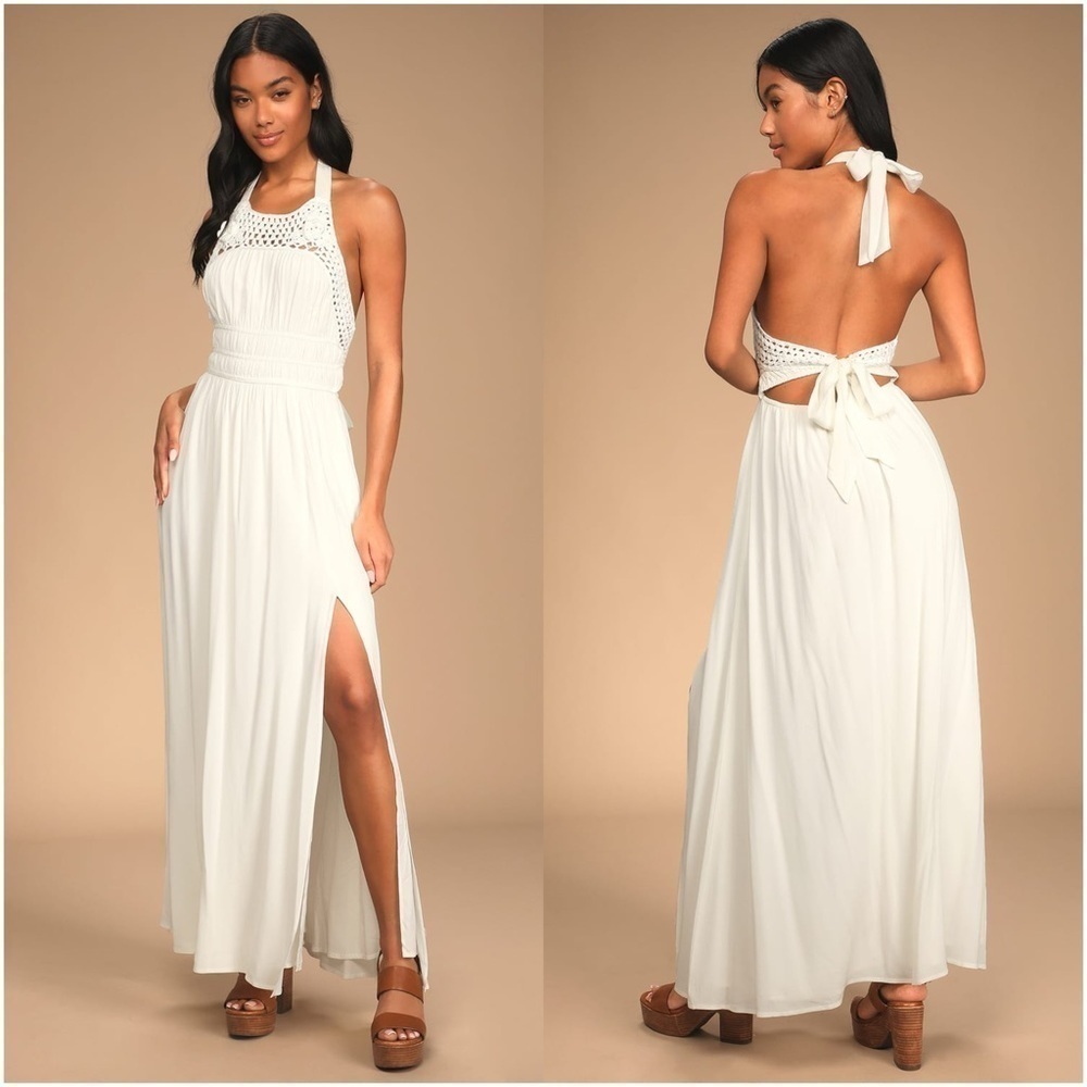 LULU’S Floral Flair White Crochet Tie Back Halter Maxi Dress